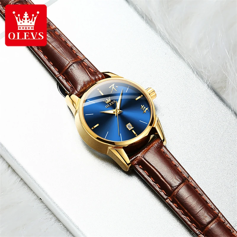 OLEVS Brand New Fashion Blue Quartz Watch for Men Luxury Leather Strap Waterproof Calendar Womens Watches Relogio Feminino