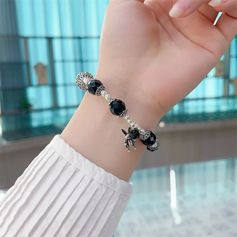 

Sterling Silver Bracelet S925 For Woman Female Girl Black Crystal Original Manual Lovers Retro Style Popular Fashion Jewelry