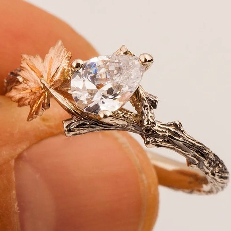 Twig and Leaf Engagement Ring, Gemstone Engagement Ring, Maple Leaf Ring