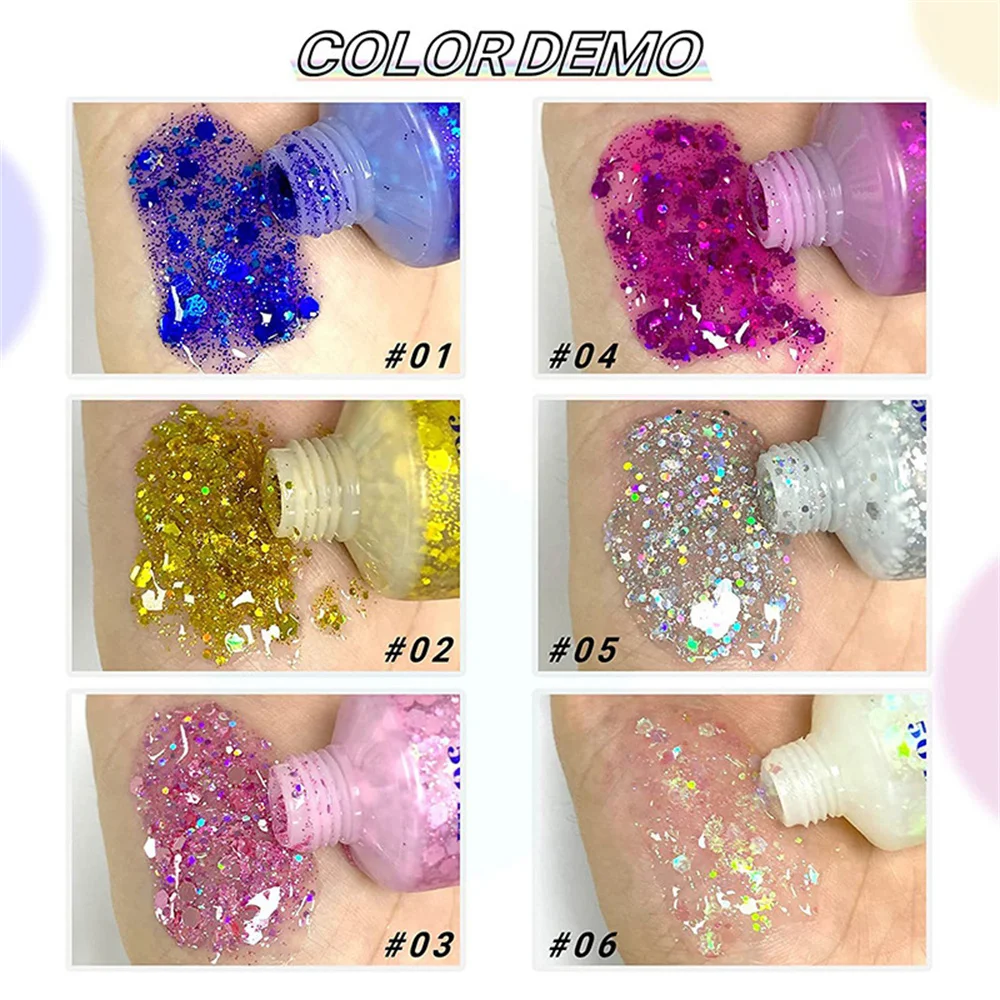 Face Body Glitter Gel 6 Color Set Long Lasting Sparkling Hair Nails Makeup Festival, Glitter Gel Makeup, Holographic Glitter Makeup, Glitter Makeup
