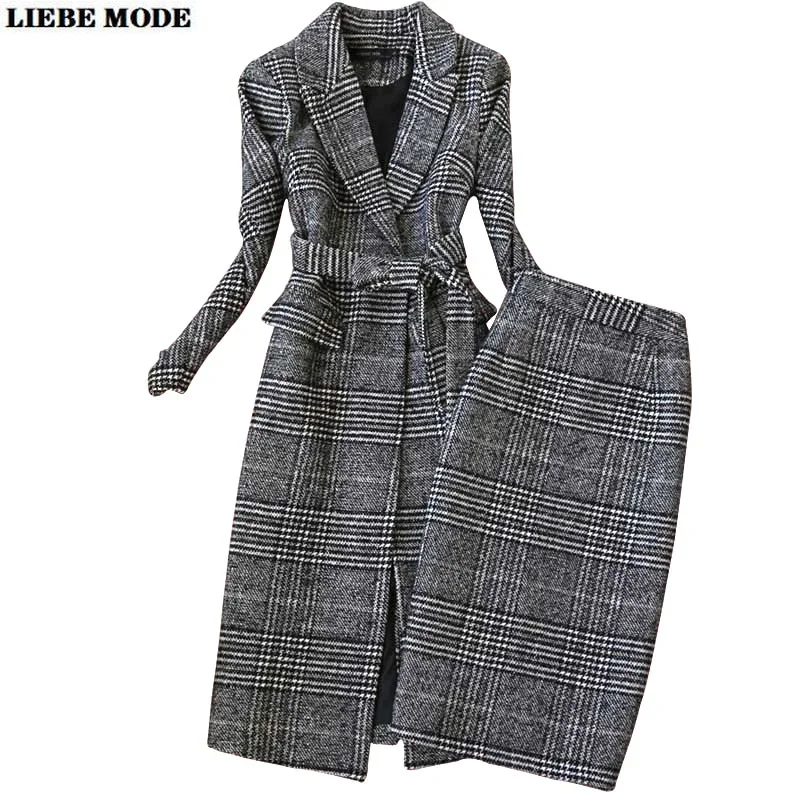Womens Autumn Winter Sashes Trench Coat and Knee Length Skirts Suits Plaid Business 2 Piece Wool Blazer Set with Long Skirt