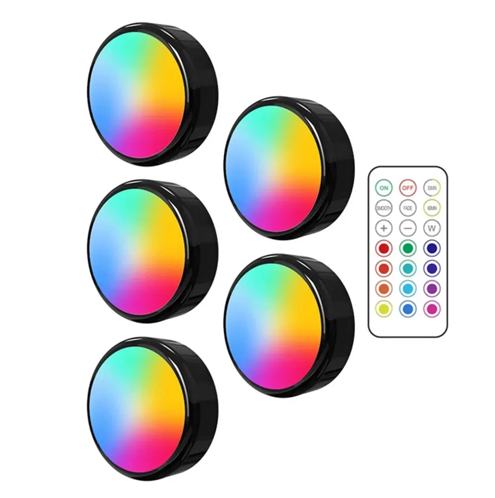 Wireless RGB LED Dimmable Puck Lights with Remote Control - Battery Operated for Under Cabinet, Kitchen, and Closet Use
