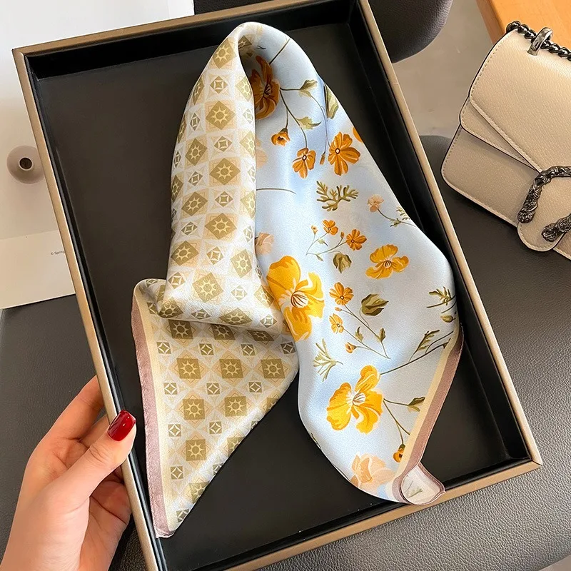 1pcs 70cm Small Yellow Flower Pattern Silk Scarf Women Simulated Silk Fresh and Fashionable Versatile Headscarf Scarf and Shawl 3