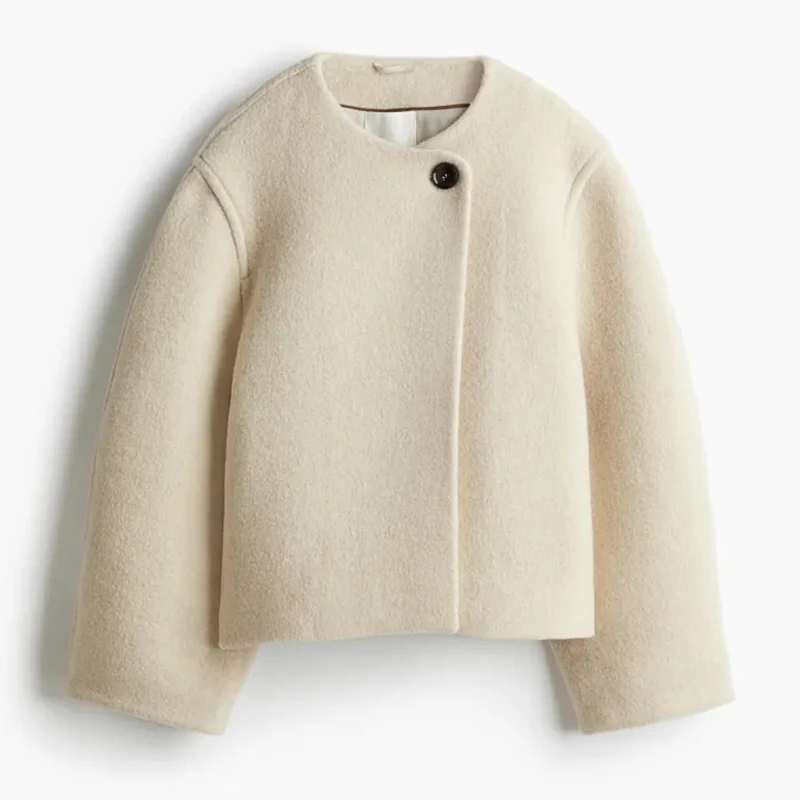 Elegant Solid Woolen Blend Jacket For Women Fashion Button O-neck Long Sleeve Coat New Autumn Winter Commute Warm Outwear