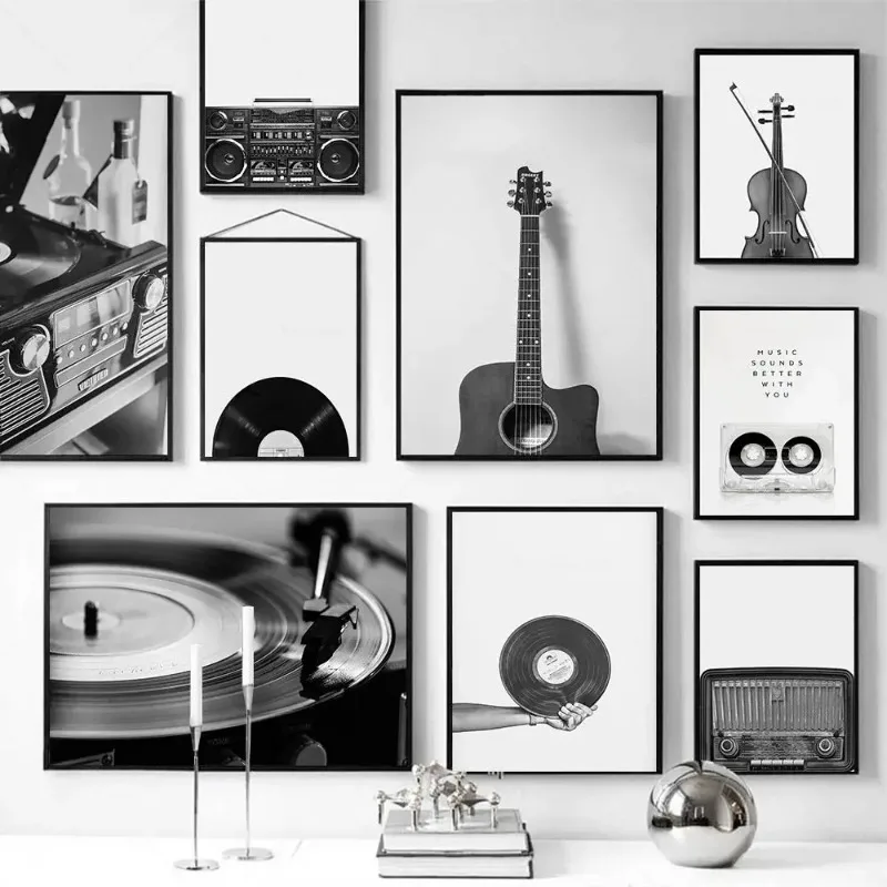 Black and White Music Prints Retro Vinyl Record Guitar Poster Wall