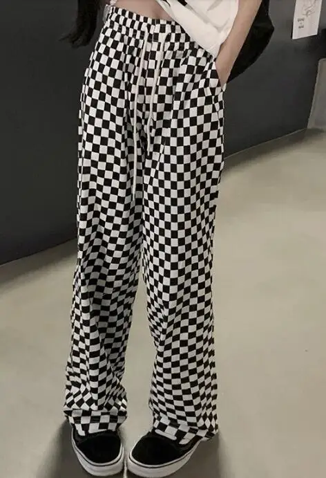 

Spring Women Chess Grid Pants Long Trouser White Black Lattice Straight Loose Wide Leg Fashion