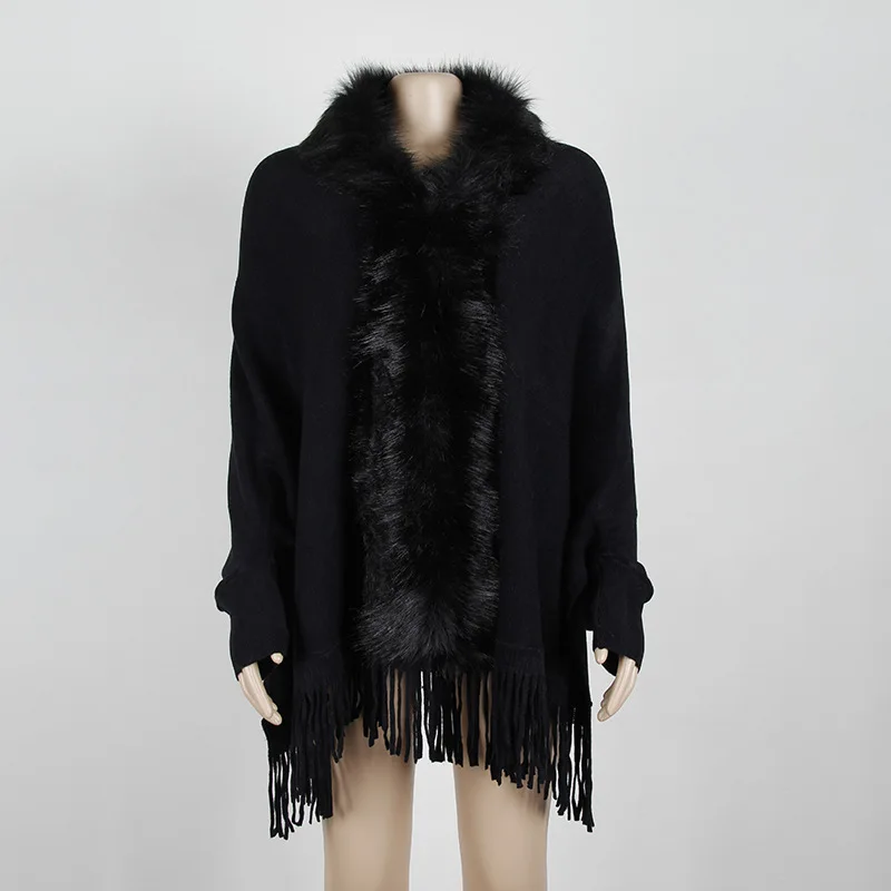 2022 Autumn and Winter New Fringed Cloak Cape Slim Women's Fashion Elegant Solid Color Thick Fur Collar Cardigan Warm Fur Cape