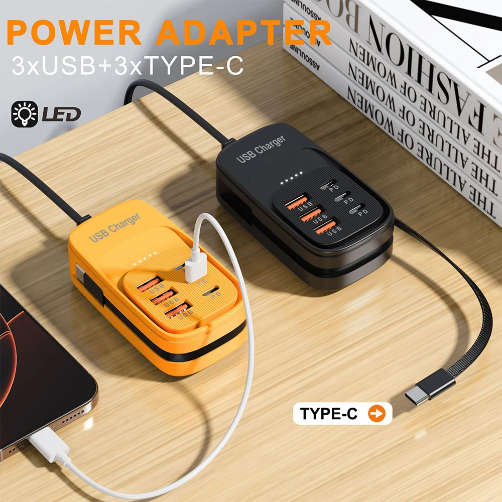 Multi-Port USB Charging Station with Type-C Cable and Power Strip Adapter