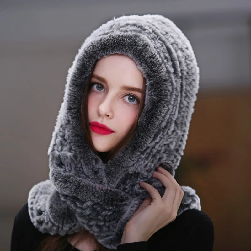 

Rex Rabbit Hair Hat Women's Winter Fur Scarf Knitted Hat Thickened Warm Fur Hat Natural Fur Hat With Neck Scarves Female Fur Hat