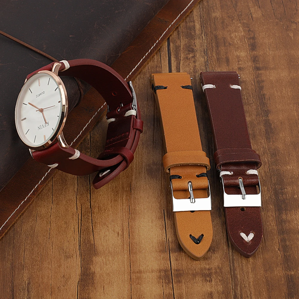 

Oil Wax Genuine Leather Watchbands Strap 17mm 18mm 20mm 21mm 22mm Cowhide Tan Red Brown Watch Band Handmade Watch Accessories