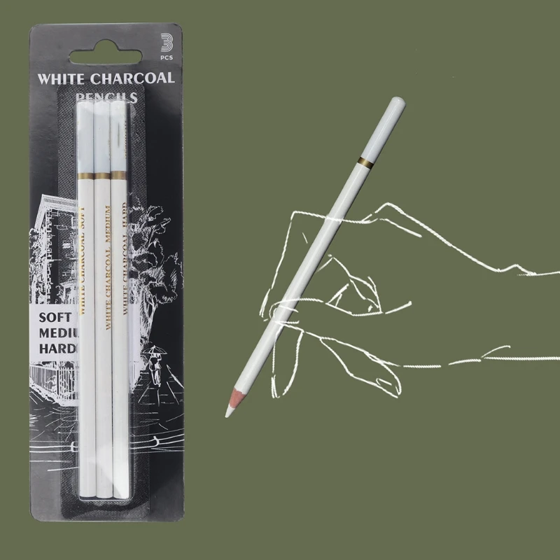 3 Pcs White Sketch Charcoal Pencils Soft/Medium/Hard White Charcoal Wooden Pencils for Artist Drawing Sketching Blending 24BB