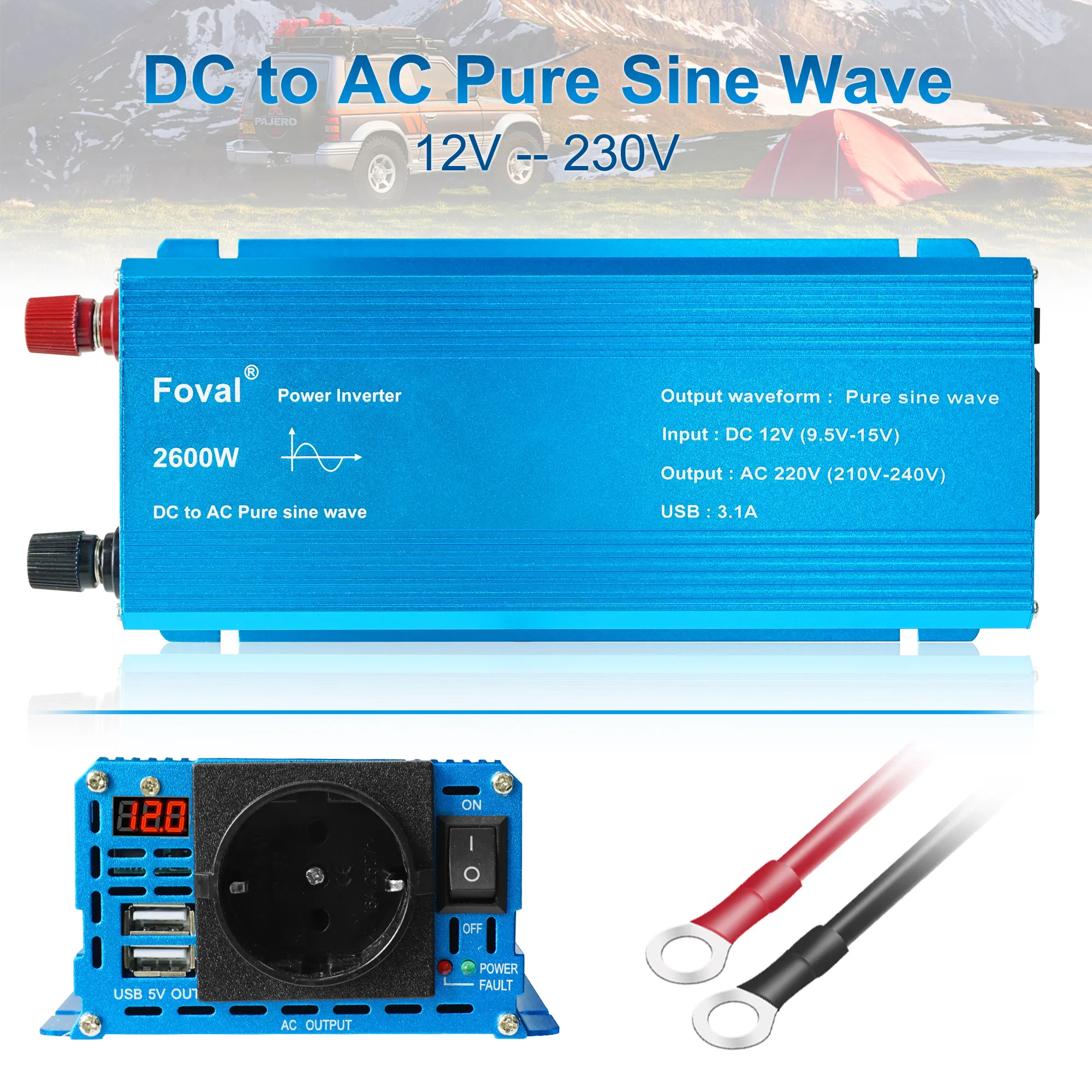 Car Inverter Adapter 1500W/2200W/2600W/3000W DC 12V TO AC 220V with 3.1A Dual USB Pure Sine Wave EU Socket