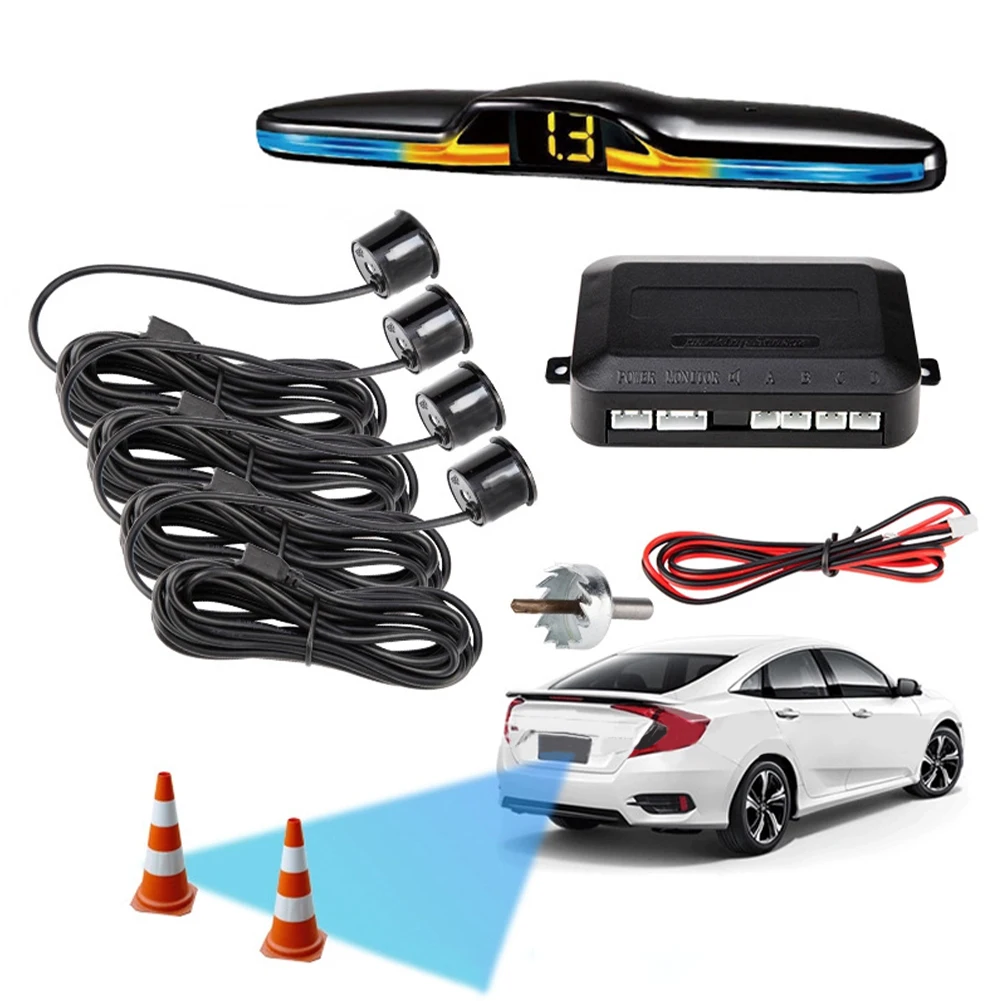 

12V Car Reverse Backup Radar System with 4 Parking Sensor LED Display Backlight Detection System 0.25-2 Meter Distance