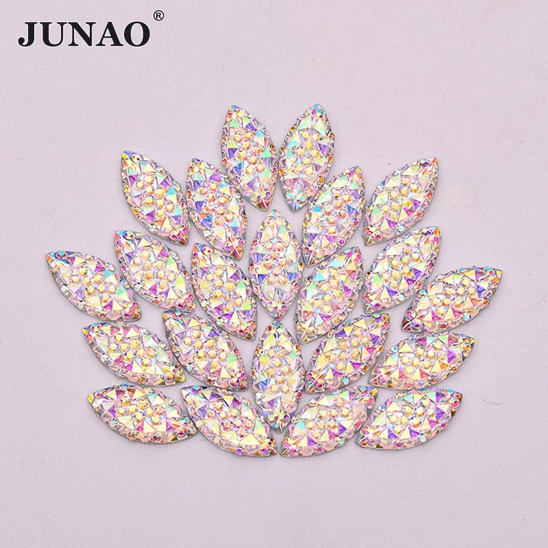 JUNAO 7x15mm 100pc AB Resin Cabochon Rhinestones Applique Horse Eye Strass Non Sewing Flat Back Stones Diamond Crystal for Dress