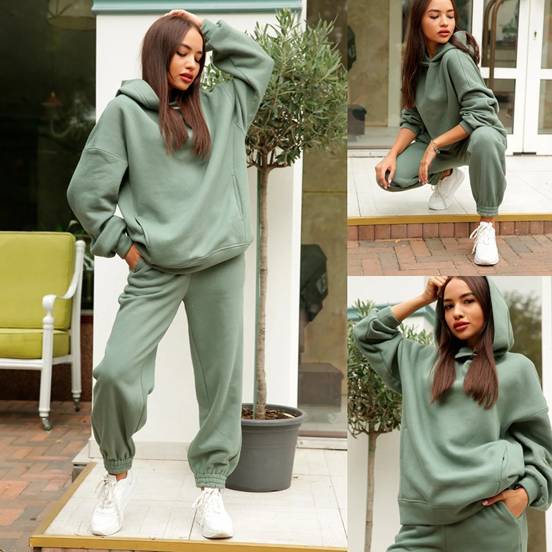 Casual Sportswear Suit Women Solid Color Warm Hoodies Loose Pants Sets Fall Winter Sports Pullovers Trousers 2 Piece Set 2023