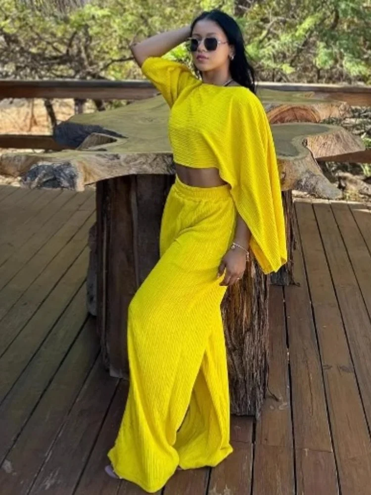 Wmstar Two Piece Set Women Wholesale Miyake Pleated Fashionable Elegant Shoulder Irregular Top Trousers Solid Color Casual Suit