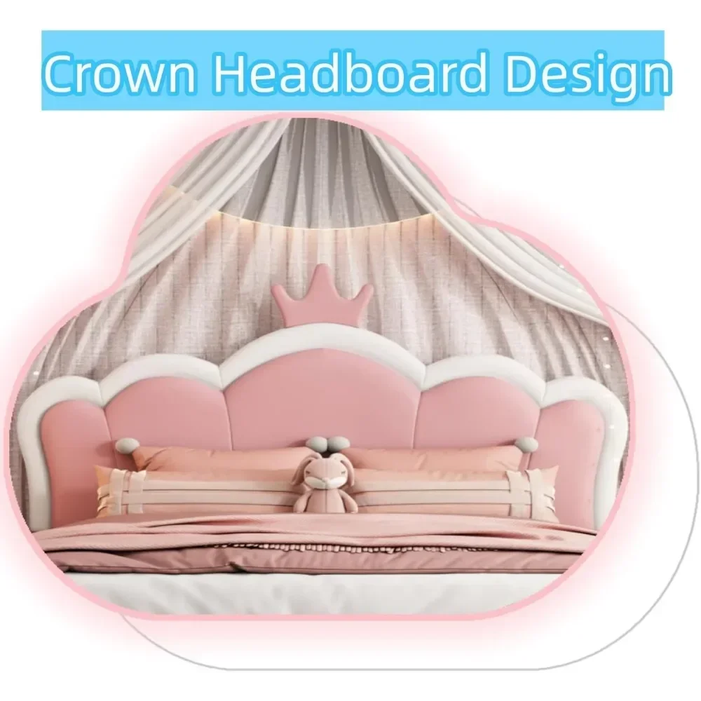 Upholstered Princess Bed with Crown Headboard, Full Size Platform Bed with Headboard and Footboard Beds Frames 4