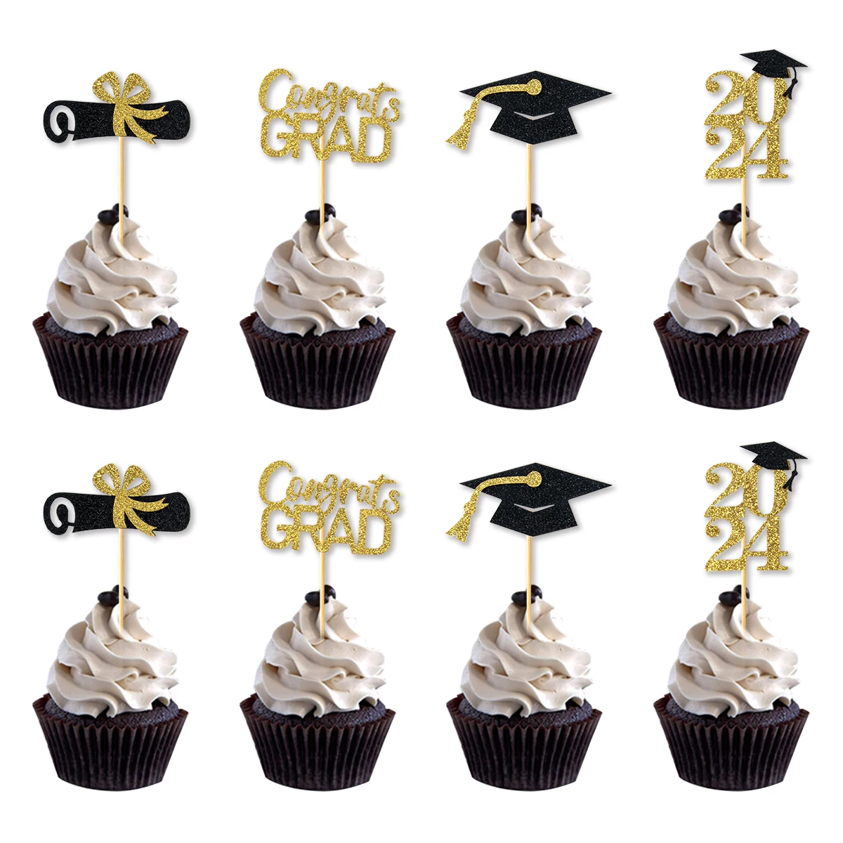 12pcs 2024 Graduation Party Cupcake Topper Blue Gold Glitter Cake Topper Graduation Celebration Party Cake Decoration