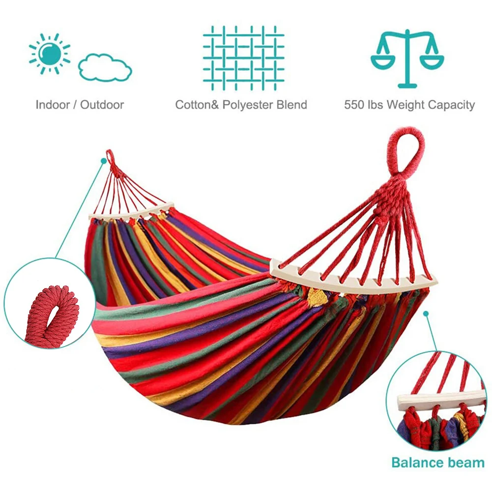 1-2 Person Cotton Rainbow Hanging Bed 264lbs Capacity Fabric Hammock with Tree Straps Portable for Outdoor Indoor with Carry Bag 2