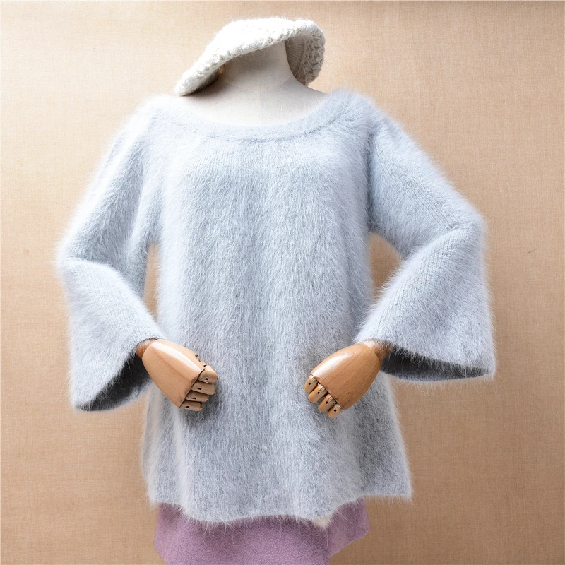 

04 Female Women Fall Winter Clothing Grey Hairy Mink Cashmere Knitted Three Quarter Sleeves O-Neck Loose Pullover Sweater Jumper