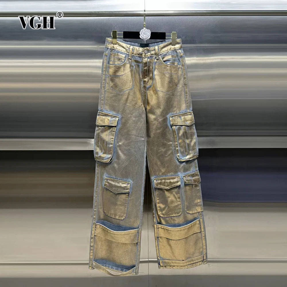 

VGH Hit Color Spliced Pockets Casual Jeans For Women High Waist Patchwork Zipper Minimalist Loose Cargo Pants Female Fashion New