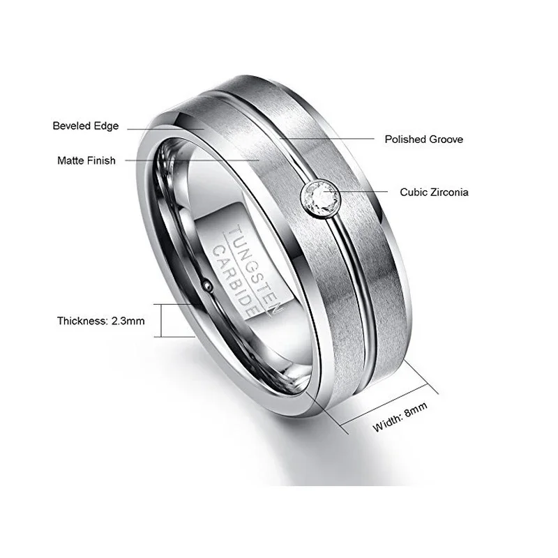 Nuncad Men's 8mm Tungsten Carbide Rings Cubic Zirconia Grooved Tungsten Wedding Band Rings Matte Finish Polished Beveled Edge 2