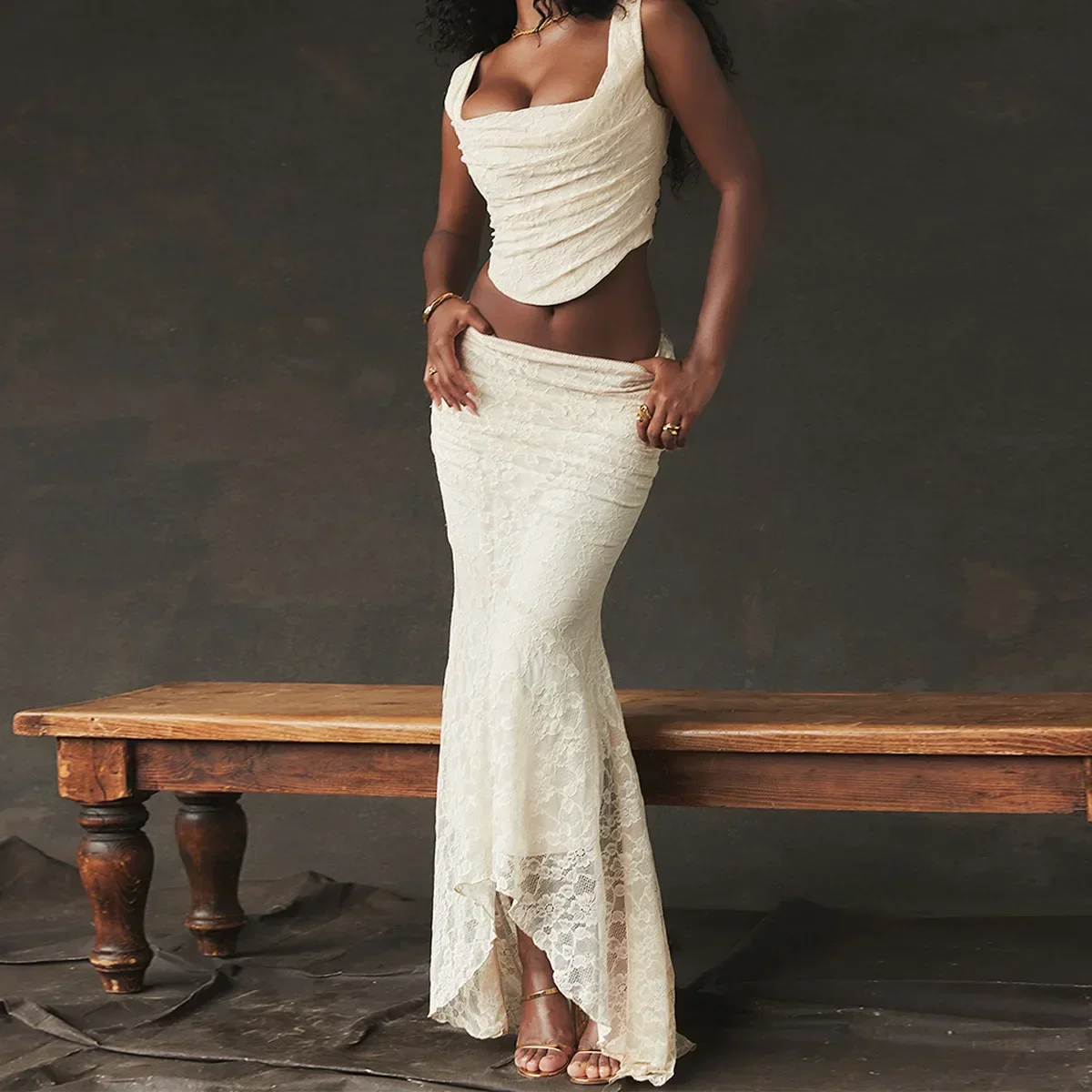 Elegant Lace Up Crop Top and Maxi Skirt Set Formal Dress