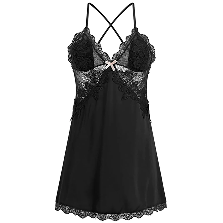 Womens Satin Nightgown Sleepwear V Neck Lace slip dress pajamas Chemise lingerie Nightwear G-string