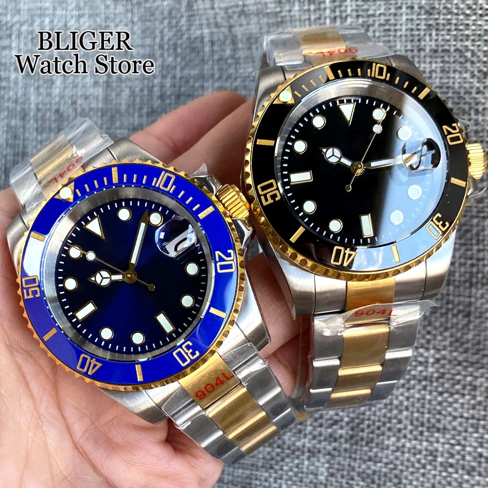 BLIGER Japan NH35A MIYOTA 8215 PT5000 Automatic Men Watch Two Tone Gold Bracelet Blue Black Sunburst Dial Sapphire Crystal shocking blue live in japan 1 cd