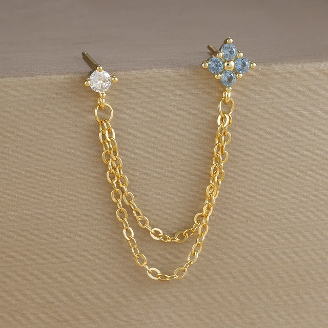 Boucles d'oreilles carrées suspendues en acier inoxydable, 2 pièces, pierre d'anniversaire de décembre, chaîne en zircone cubique, fleur, bijoux de perçage