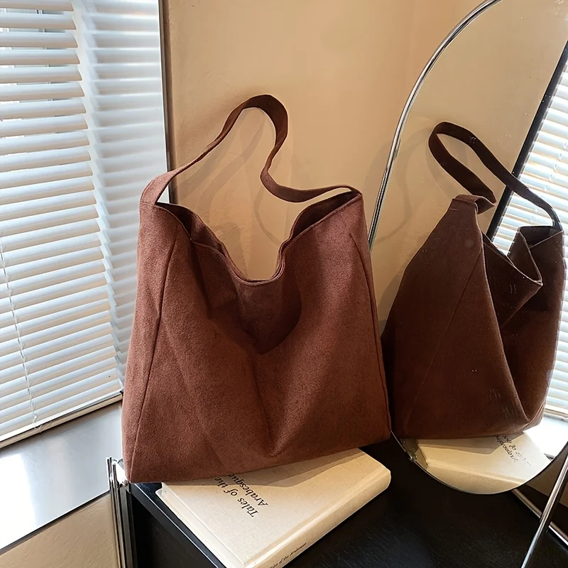 Vintage Soft Faux Suede Handbag Magnetic Clasp Fixed Strap, Machine Washable Tote Bag for Women's Work, Travel, Shoulder Purse