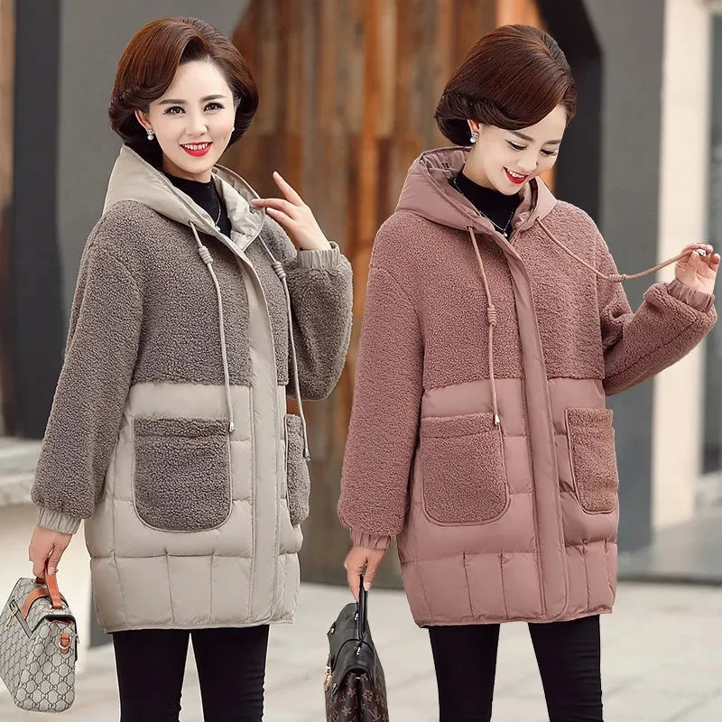 

Long Down Cotton Coat Female 2023 Fall Winter Cotton-Padded Parkas Women Jacket Chic Splice Lambswool Overcoat Thicken Warm Coat