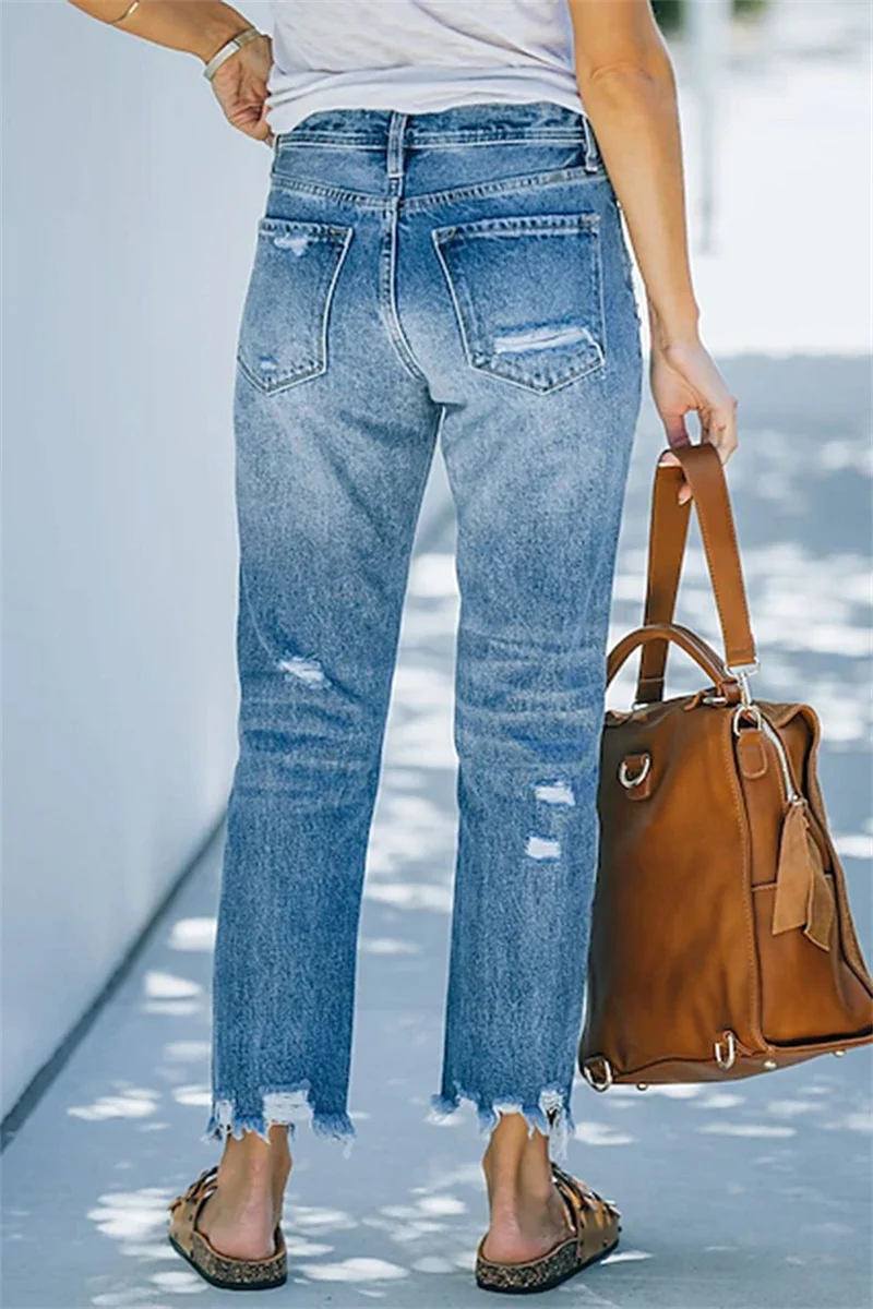 High Waist Broken Holes Straight Jeans Women Solid Color Denim Pants Female New Comfortable Casual Trousers Washable Streetwear