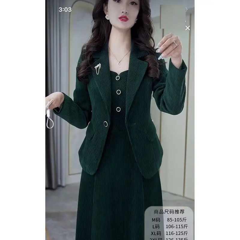 

Комплект из 2 предметов Insozkdg Lenshin, официальное платье, Женский деловой вельветовый блейзер с длинным рукавом, одежда для офиса, женская одежда