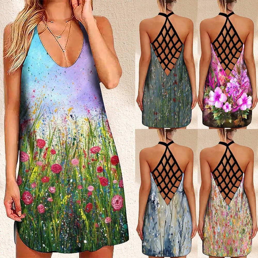 

Fashion Women's Criss Cross Backless Sleeveless Dress Flowers Print Vintage Dress for Girls