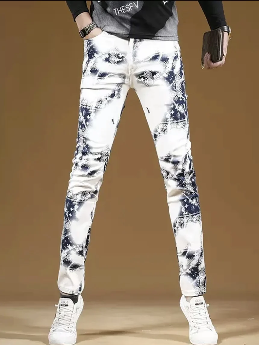 Exquisite Textured Jeans Men's Gradient Slim Fit Cross Print White Pants Cotton Breathable Soft High Stretch Luxury Summer 2024