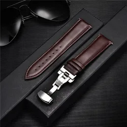Premium Leather Watch Band with Stainless Steel Butterfly Clasp - Black & Brown Wristband Belt - 22mm (Brown - Silver)