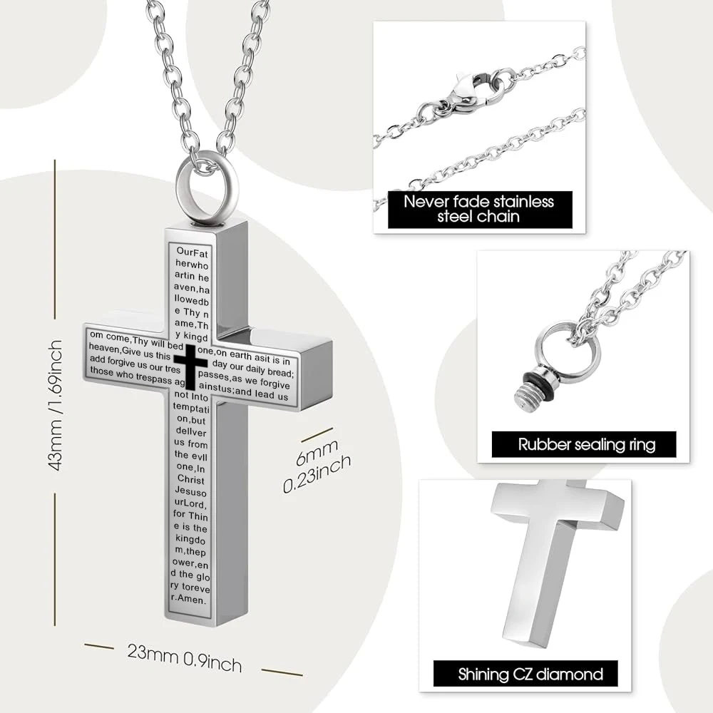 Urn Necklace for Ashe Stainless Steel Cremation Jewelry for Ashes Cross Ashes Necklace Memorial Cross Urn Men Women cremation jewelry