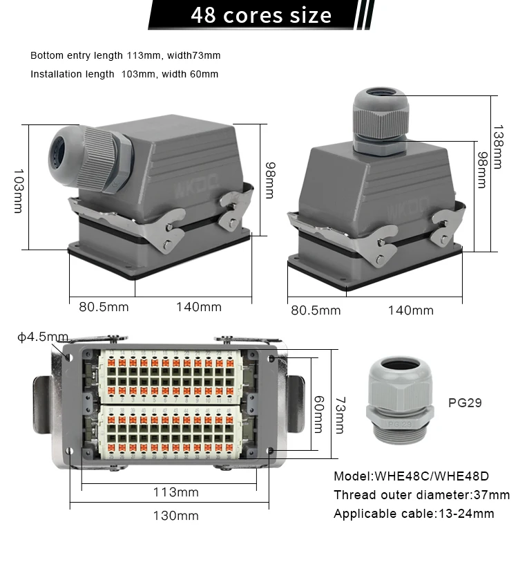 Push-In-Heavy-Duty-Steckverbinder-Werkzeug, freie Verkabelung, 6/10/16/24/32/48-Kernstift, HE-Ober-/Seiteneingang, industrielle wasserdichte Stromanschlüsse – Detail 9