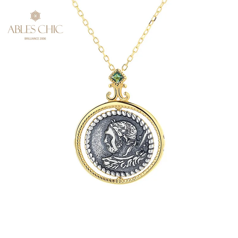 

Greek Deity Silver Coins Flipping Charm 18K Gold Two Tone Solid 925 Silver Roman Coin Rotating Pendant Only N1072