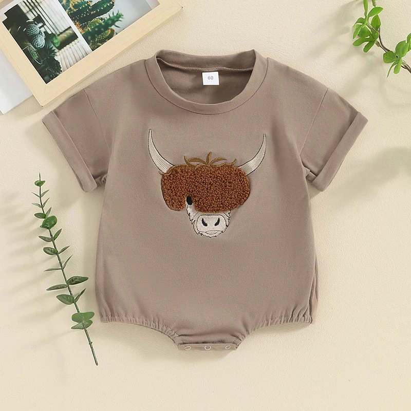 

Baby Boys and Girls Romper Round Neck Cow Embroidery Short Sleeve Jumpsuit Infant Toddler Summer Clothes