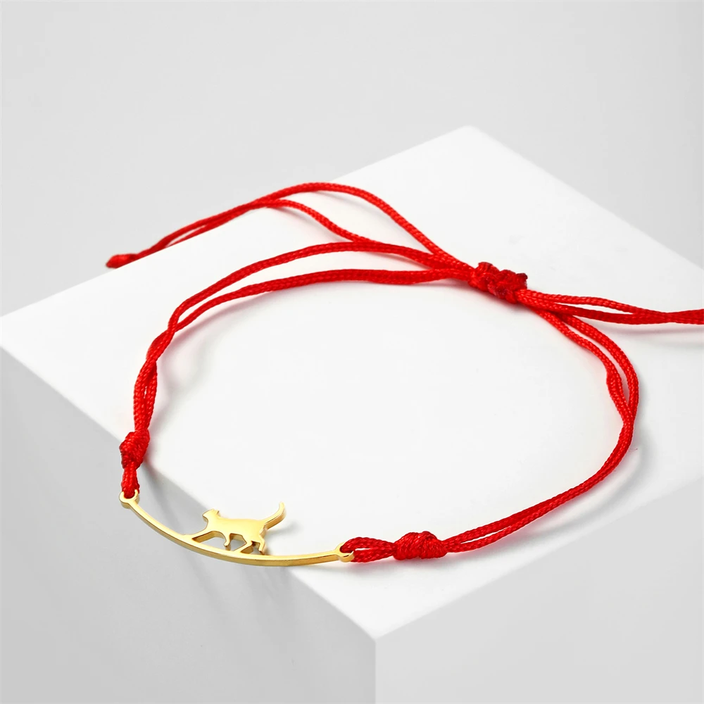 Stainless Steel Gold Color Cat Charm Bracelet for Girls' Braided Rope Bracelets - PeticaDeals