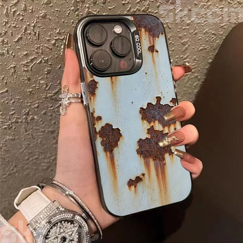 Vintage Electroplate Silver IMD Hard Phone Case with Retro Rust Pattern