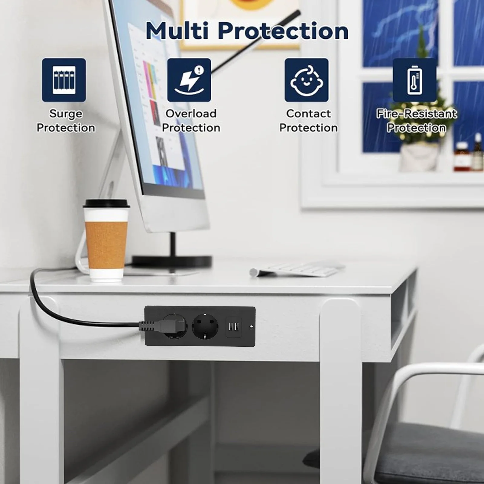 Electrical power socket embedded 2 USB 2 10A ports recessed desk socket with 1.5m cable