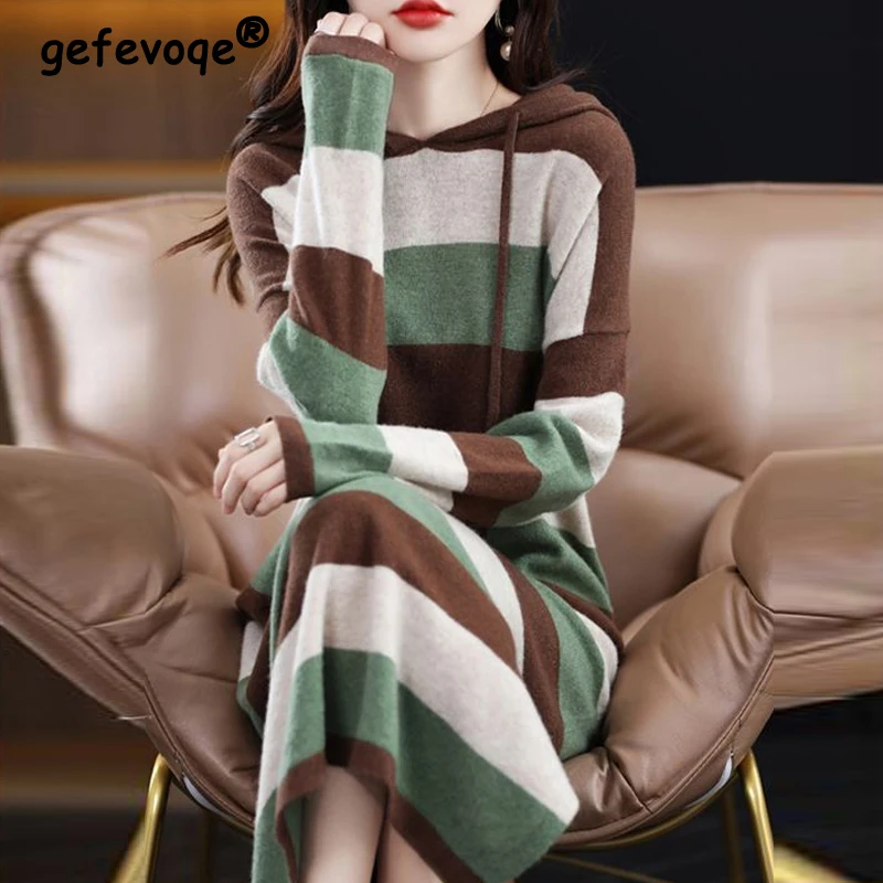

Women Clothing Autumn Winter Simple Striped Hooded Knitted Sweater Dress Casual Streetwear Split Chic Loose Long Sleeve Dresses