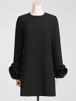 GALCAUR-فساتين مزينة بقطع القماش للنساء ، فساتين قصيرة ، رقبة مستديرة ، أكمام طويلة ، أحادية اللون ، فستان فضفاض غير رسمي ، ملابس نسائية ، خريف 1