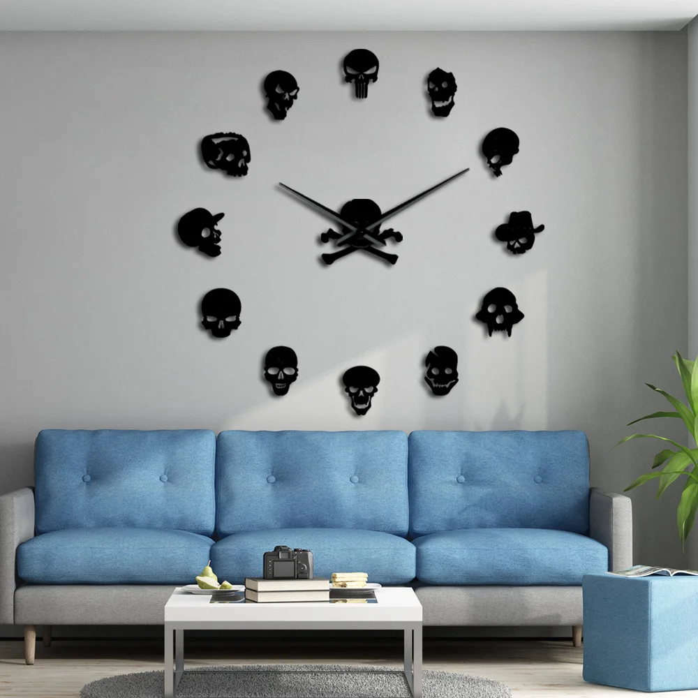 DIY 100x100cm Skull Head Wall Clock Mirror Effect Acrylic Wall Art Long Hand Hanging Watch Living Room Home Halloween Decor