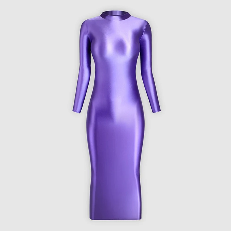 Girl dance costume Women Glossy Shiny Buttocks Sexy Jumpsuit Elastic Silk Smooth Dress High Neck Long Sleeve Dancewear Night Club Party Costume