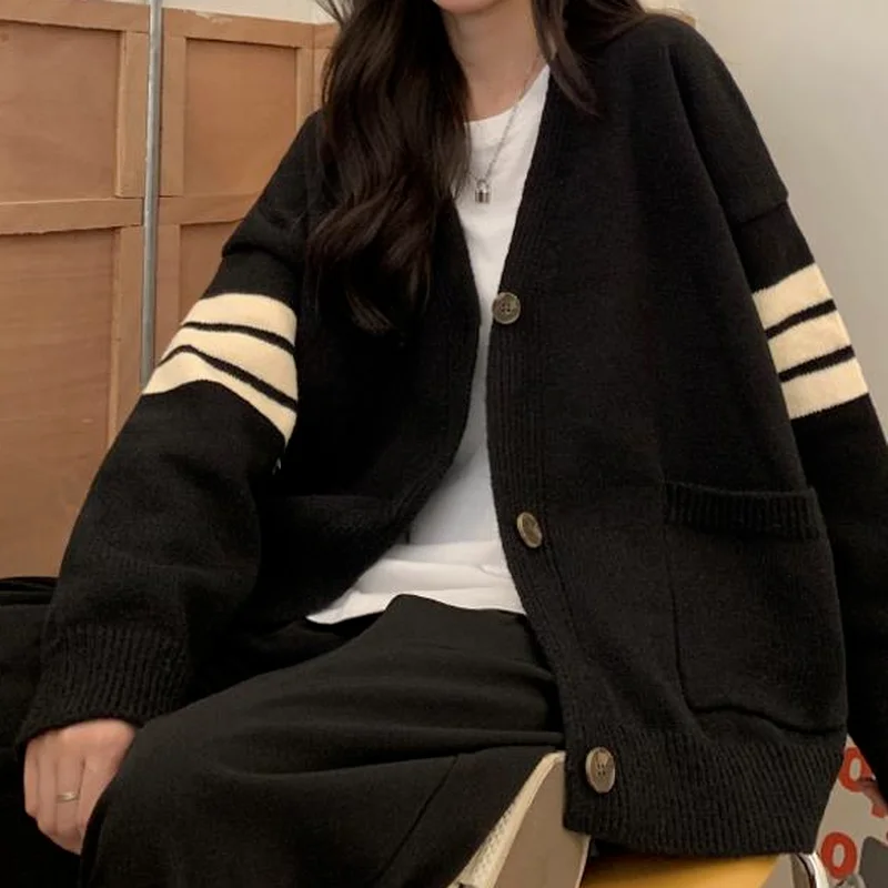 Deeptown Korean Style Striped Oversize Black Sweater Cardigan Women Punk Harajuku Basic Soild Long Sleeve Jumper Female Tops |