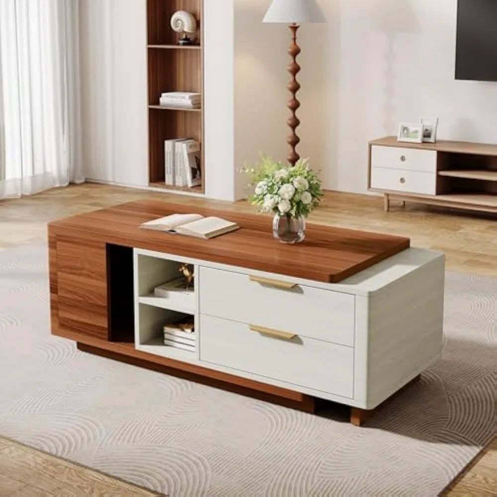 Extendable Wood Coffee Table with 2 Drawers, 43"-65" Length Adjustable Rectangular Dual-Tone Center Table with Storag 5